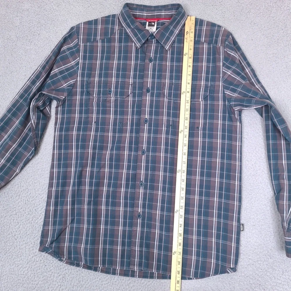 The North‎ Face Shirt Mens Medium Aqua Blue Gray Plaid Button Down Long Sleeve